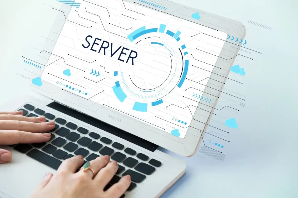 Hands typing on a laptop with a futuristic digital interface displaying the word 'Server' and abstract blue technology graphics.