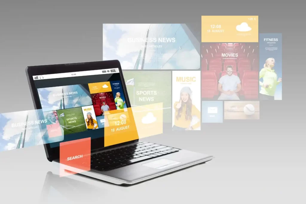 A laptop displaying various floating digital interface elements, including business news, weather updates, sports news, music, and fitness applications, symbolizing digital transformation and online services.