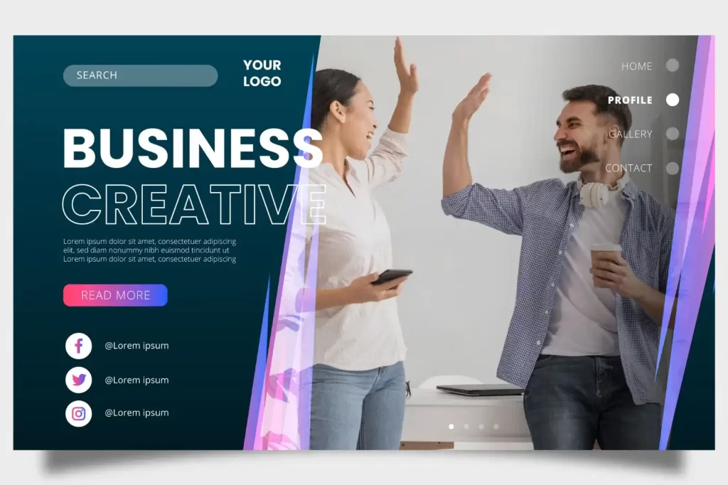 A modern landing page design featuring a "Business Creative" theme with a search bar, social media links, and a high-five interaction between two individuals, symbolizing teamwork and success.